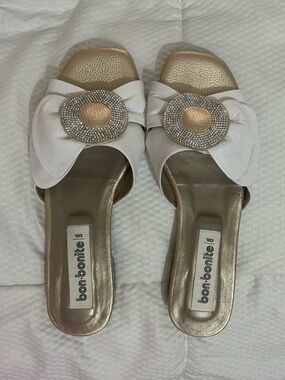 Colombian Leather White & Gold Slide Sandals